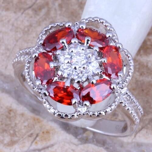 Clean White CZ Red Garnet Silver Plated Womens Jewelry Ring Size 6 / 7 / 8 / 9 R0400