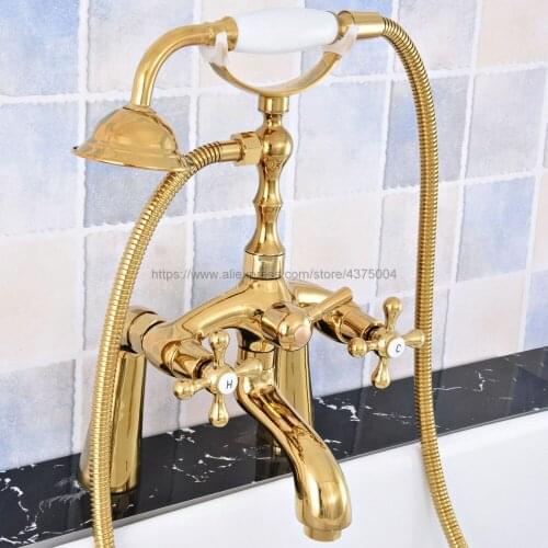 Golden Bathtub Faucet Shower Faucet Dual Cross Handle Hand shower Mixer Tap Deck Mounted Bath Shower Set Mixer Faucet Ntf778