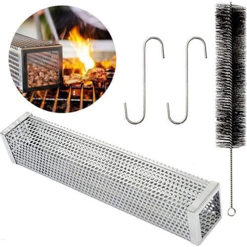 12 Inch Square Round BBQ Grill Hot Cold Smoking Mesh Tube Smoke Generator Pellet Smoker BBQ Accessories with Brush and 2 Hooks