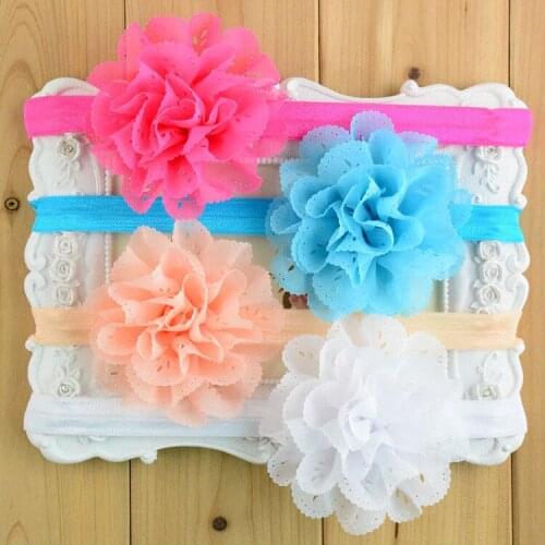 150pcs Wholesale 3.1" Chiffon pink Eyelet Flower headband Elastic lace Headband Hair Band Boutique Style FD089