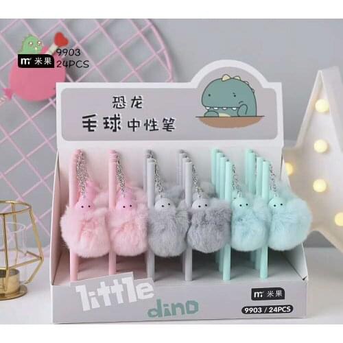 24pcs Creative Stationery Student Pen Dinosaur Hair Ball Gel Pen 0.5mm Full Needle Black Ink Pen School Supplies Office Supplies