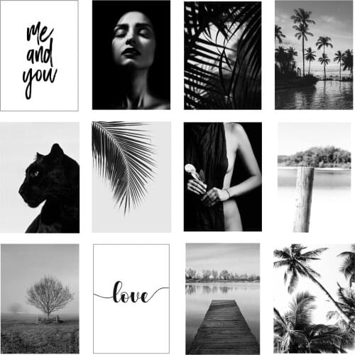 Landscape Print Black And White Wall Art Bridge Coconut Tree Leaves Woman Combination Painting Canvas Living Room Decoration