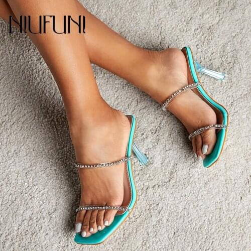NIUFUNI Summer PVC Transparent Rhinestone Chain Square Toe Open Toe Sequined Womens Sandals Crystal Stiletto High Heels Slides