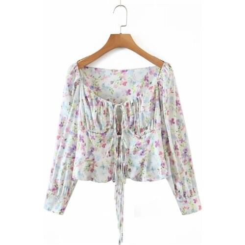Merodi Women Vintage Floral Print Square Collar Long Sleeve Chiffon Short Blouse Girls Fashion Front Lace Up Summer Slim Tops