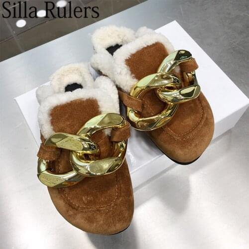 New Arrival Chain Thick Sole Wool Women Mules One Strap Closed Toe Slippers Woman High Platform Man Mules Slippers Size 44eur