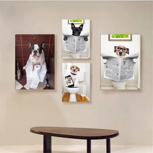 Funny Bathroom Animal Print Reading Newspaper Dog Wall Art Canvas Painting Toilet Poster Nordic Wall Pictures Bathroom WC Decor