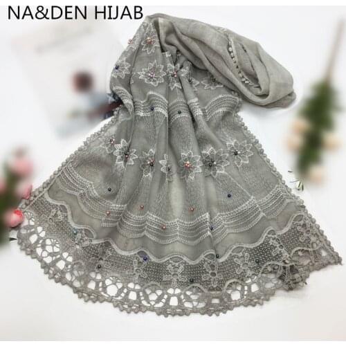 New fashion solid one side lace with cotton colorful pearls women scarf/scarves fashion shawls bandana wraps 10pcs fast shipping