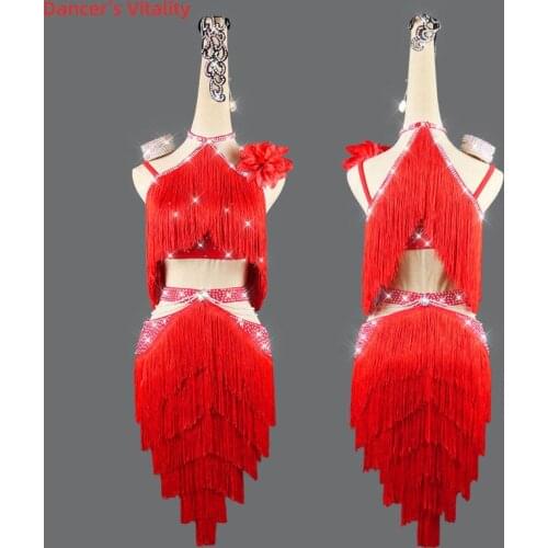 Latin Dance Dress Tassel Diamond-Studded Long Skirt Performance Clothing High-End Custom Female Adult Child Competition Clothes