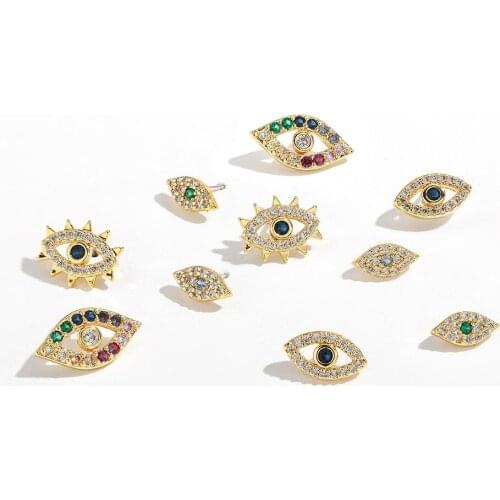 Luxury Colorful CZ Crystal Evil Eye Small Stud Earrings for Women Fashion MIni Gold Copper Eye Shape Earrings Jewelry 2021 New