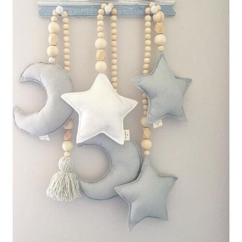 Plush Star Moon Pillow Beads Rope Hanging Baby Room Crib Decor Photograph Props