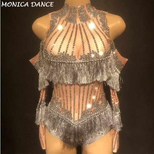 Sexy Nightclub Stage Luxury Sparkly Crystals Tassel Bodysuit Costume Celebrate Rhinestones Birthday Silver Diamonds Leotard