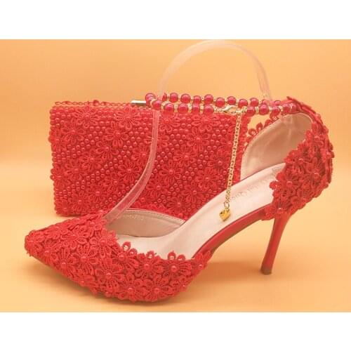 Red Pearl Flower Wedding Shoes With Matching Bags High Heels Pointed Toe Ankle Strap Ladies Party shoe and bag set