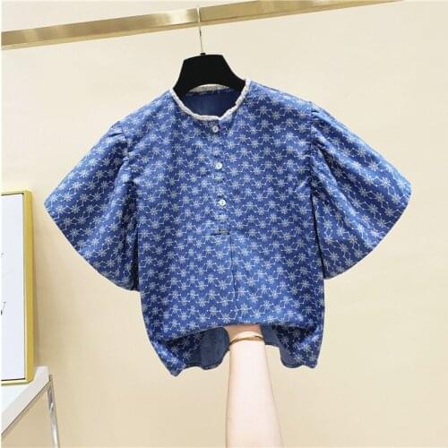 Vintage Lace Printed Women Blue Shirts Summer New 2021 Stand Collar Puff Sleeved Elegant Female Outwear Coats Tops