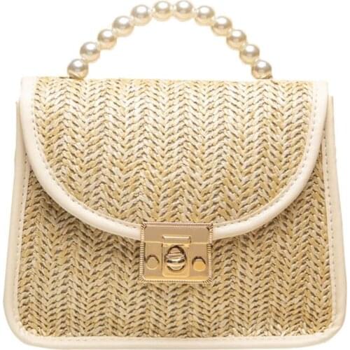 2021 Brand New Ladies Woven Messenger Bag Girls Creative Straw Braid Faux Pearl Hand Grip Handbag Chain Shoulder Bag for Beach