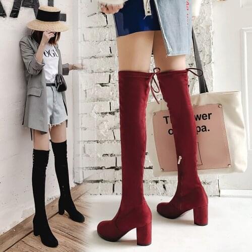 Fashion Ladies Over The Knee Boots Comfortable Low Heel Faux Suede Side Zipper Thigh Elastic Boots Black leopard Botas Mujer 39