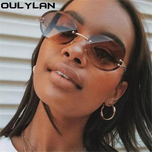 Oulylan Womens Sunglasses Rimless Fashion Trimming Oval Sun Glasses Ladies Classic Metal Retro Gradient Blue Pink Eyewear UV400