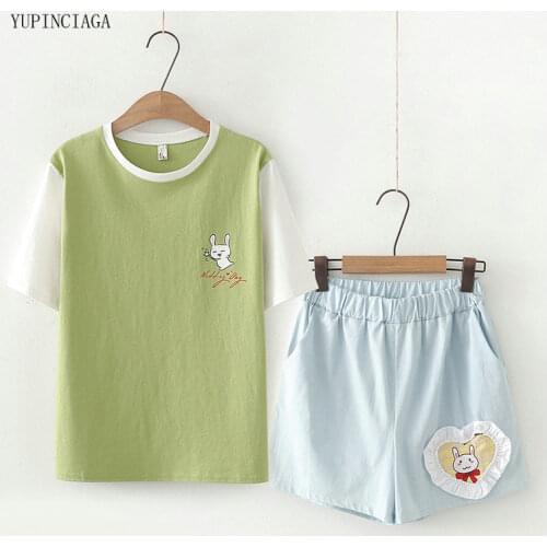 Women Sets Japanese Childlike Cute Bunny Print O-neck Color Matching Short-sleeved Cotton T Shirt + Casual Shorts Two Piece Set