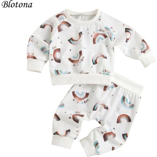 Blotona Baby Girls Boys Spring Fall 2Pcs Set Rainbow Print Long Sleeve O-Neck Pullover + Elastic Waist Pants for Kids 3-24Months