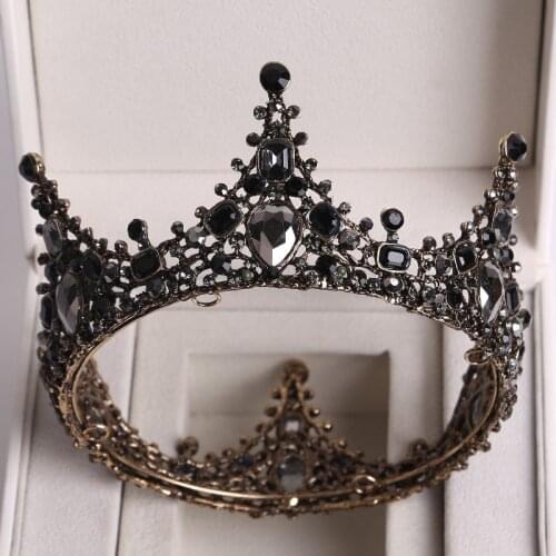 Baroque Big Black Crowns Crystal Round Bridal Tiara Pageant Prom Diadem Rhinestone Wedding Hair Accessories Witch Tiara Headband