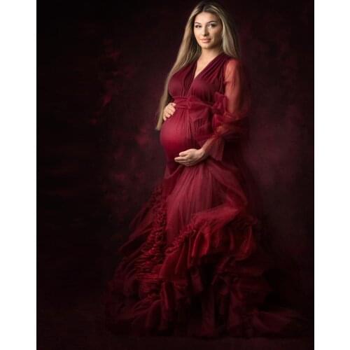 Extra Puffy Pregnant Dresses Mermaid Sheer Long Sleeves Illusions Burgundy Formal Gowns Baby Shower vestido pra mãe da noiva