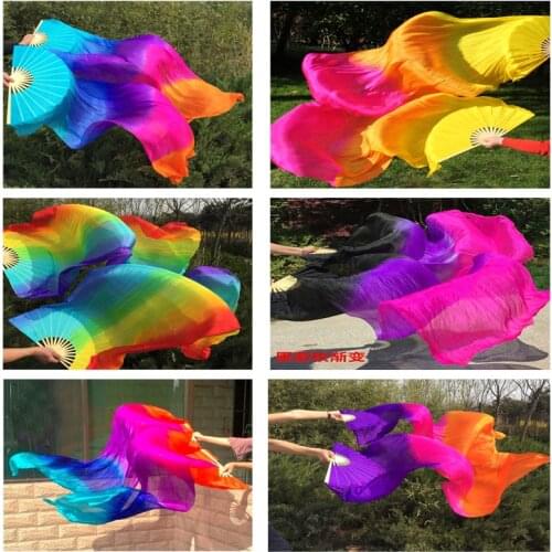 Hot-Sale 1pair/2pcs Real Silk Belly Dance Veil Fans Bamboo Handmade Dyed Performance Long Fan BellyDance 100% Real Silk Fan Veil