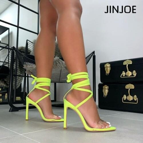 JINJOE Shoes Women Cross-tied Sandals Rome Heels Sexy pumps Stiletto Gladiator Fluorescent green pink Plus large size 43 Nylon