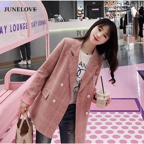 JuneLove 2020 Spring Women Double Breasted Blazer Vintage Office Lady Formal Blazer Coat female Long Sleeve Loose Plaid jackets