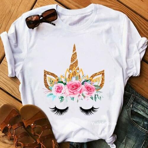 Kawaii T-Shirt Girls/Women Golden Unicorn Pink Rose Tshirt Femme Harajuku Shirt Summer Fashion Short Sleeve T Shirt Female Tops