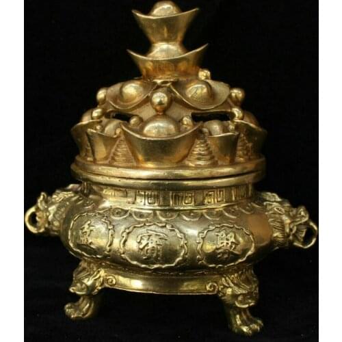Chinese Bronze Brass Yuanbao Wealth Baest Incense Burner Censer Statue Sculpture