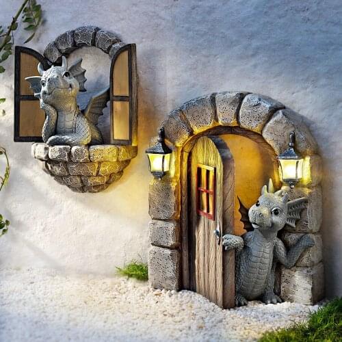 Lovely courtyard dragon sculpture Resin Window Shape Statue Wall Art Home Outdoor Decoration Garedn Decoration Dropshipping
