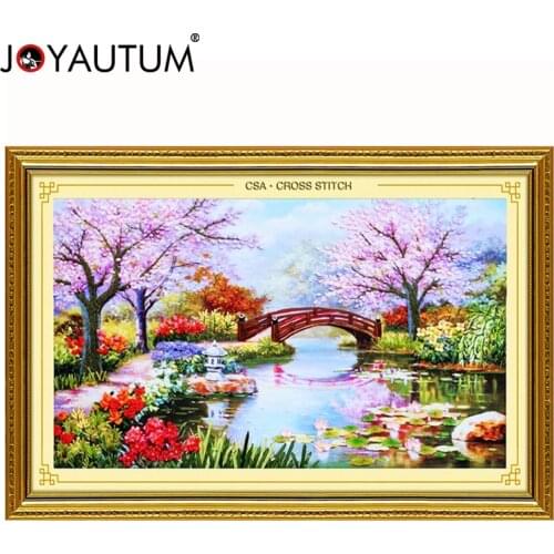 Handwork Ribbon embroidery 100X65CM print 3d cross stitch paintings landscape flowers Cherry hut needlework diy kits pattern