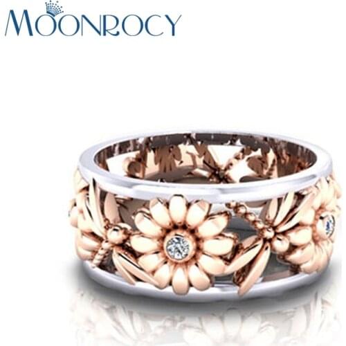 MOONROCY Drop Shipping Jewelry Wholesale New Silver Color Rose Gold Color Cute Chrysanthemum Flower Rings for Women Girls Gift
