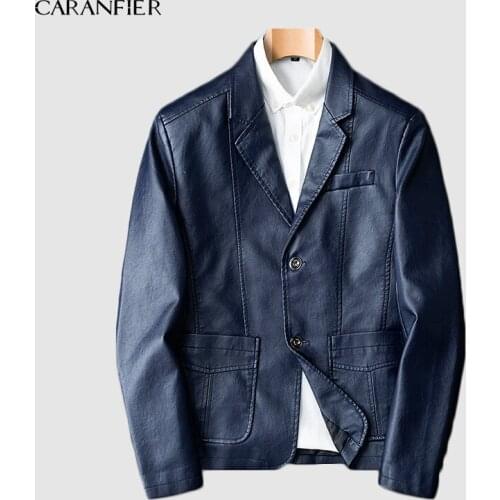 CARANFIER 2019 Men Leather Jackets Suit Blazers Coats New Fashion Casual Men Outwear PU Leather Coats Large Size Slim Jackets