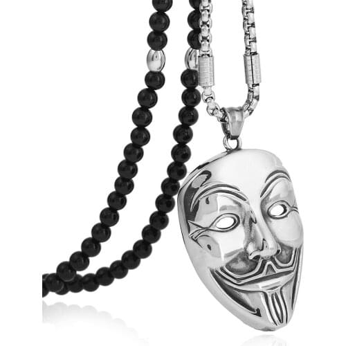 Men 316L Stainless Steel Mask Pendant Necklace Black Natural Stone Bead Chian 26" Link