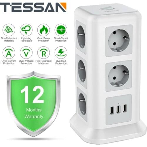 TESSAN Smart Power Board EU Plug 3 USB and 11 Outlets Extension 2.0M Cable Tower Charger Multi-Port Desktop Outlets Smart Home