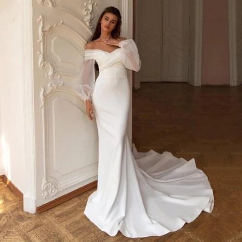 Mermaid Long Puff Sleeves Wedding Dresses 2021 Off the Shoulder Court Train Satin Bridal Gowns Elegant Princess Vestido De Novia