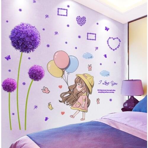 [shijuekongjian] Cartoon Girl Wall Stickers DIY Dandelion Flower Plant Mural Decals for House Kids Rooms Baby Bedroom Decoration