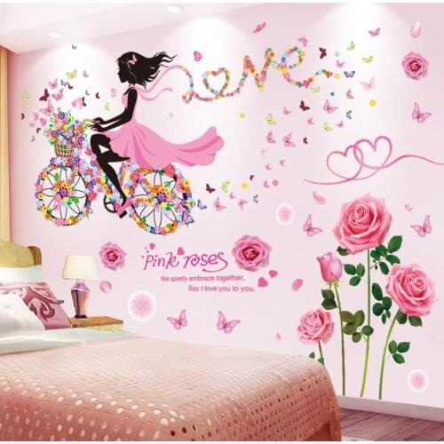 [shijuekongjian] Cartoon Girl Wall Stickers DIY Rose Flower Plants Wall Decor Decals for Kids Room Baby Bedroom House Decoration