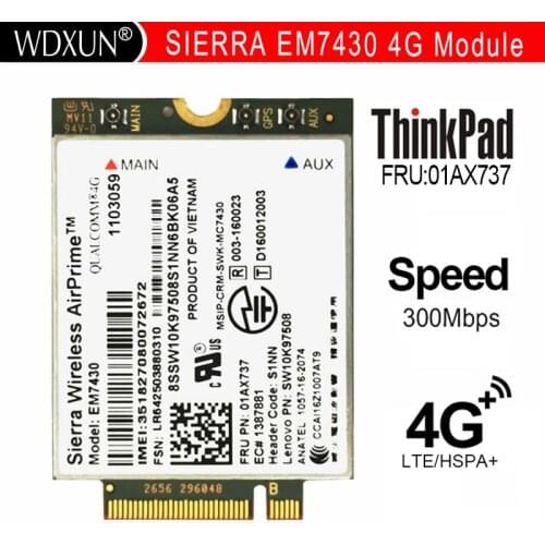 Sierra EM7430 FDD/TDD-LTE 4G Module for Thinkpad X270 X1 Carbon Fiber 5th Generation (20HQ, 20HR) X1 YOGA Tablet Gen 2 01AX737