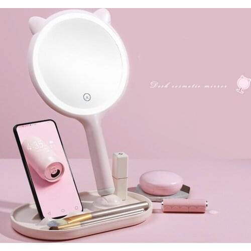 LED Makeup Mirror With Light Ladies Makeup Lamp With Storage Desktop Rotating Mirror Round Shape Cosmetic Mirrors Christmas Gift