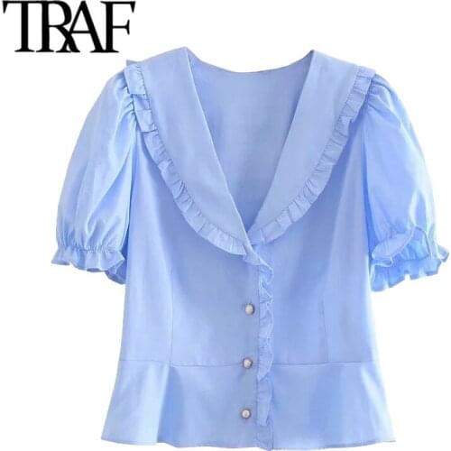 TRAF Women Sweet Fashion Bejewelled Buttons Ruffled Crop Blouses Vintage V Neck Puff Sleeve Female Shirts Chic Tops