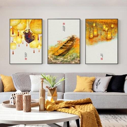 Japanese Landscape Posters Prints Boat Lantern Leaves Canvas Painting Chinese Modern Wall Art Pictures Living Room Home Decor