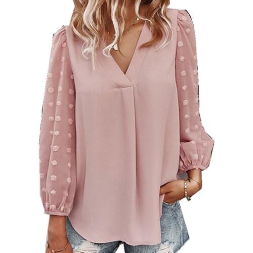 Autumn Stitching Chiffon Womens Blouse 3/4 Sleeve Casual Loose V-Neck Shirt 2021 New White Black PinkTops