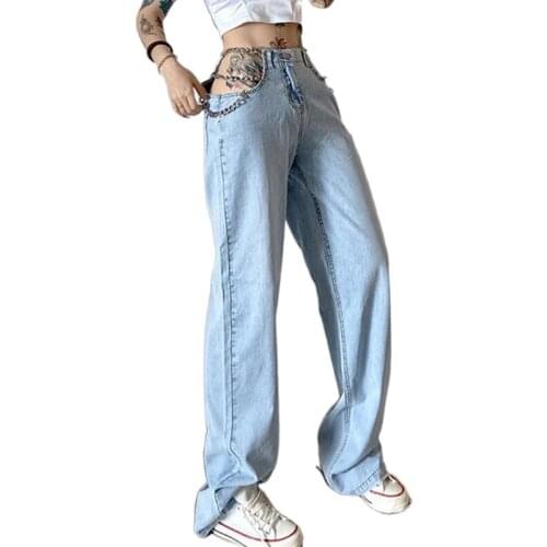 Summer 2021 Sexy Hollow Out Chains High Waisted Jeans Women Casual Loose Blue Straight Jeans