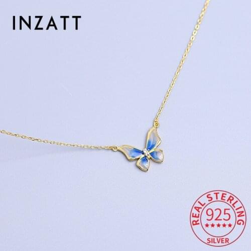 INZATT Real 925 Sterling Silver Enamel Butterfly Choker 14K Gold Necklace For Fashion Women Cute Fine Jewelry Accessories