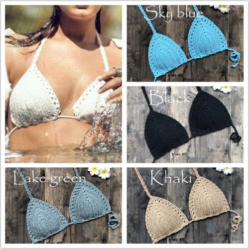 Handmade Crochet Women Bikini Top Boho Beach Bralette Halter Knitted Swimsuit Brazilian Bikinis Bathing Suit Top