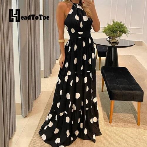 Dot Print Dip Hem Fashion Bohemian Dresses for Women Round Neck Sleeveless Floor Length Loose Dress Women