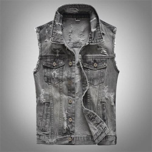 New Mens Spring and Autumn Denim Vest Gray Ripped Hole Sleeveless Casual Vest Fashion Trendy Streetwear Cowboy Waistcoat