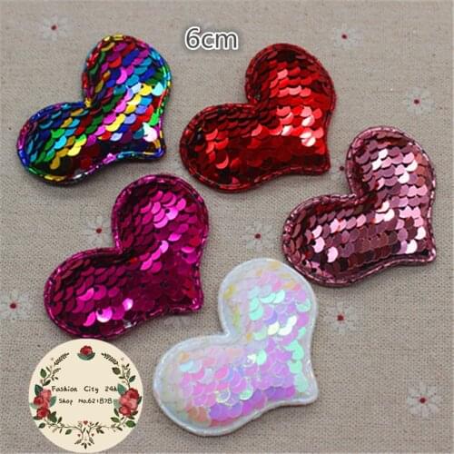 10pcs 6CM Glitter Paillette Heart Padded Patches Appliques For Clothes Sewing Supplies DIY Craft Decoration