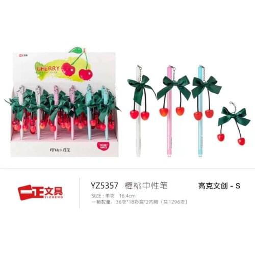 36pcs Creative Stationery Student Pen Pendant Cherry Gel Pen Full Needle Black Ink Pen School Supplies Office Supplies 0.5mm